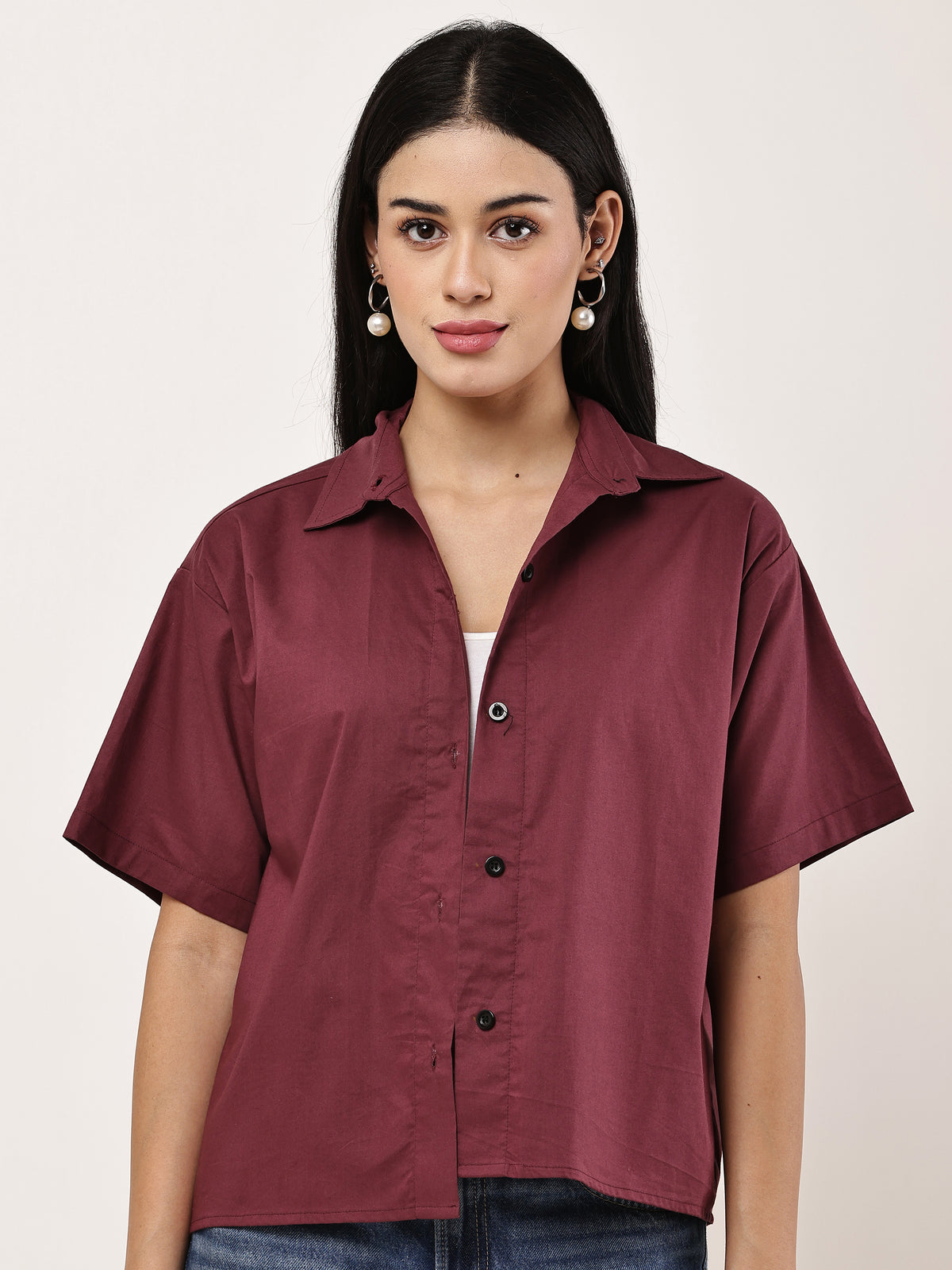 Oversized Crop Shirt — Wine