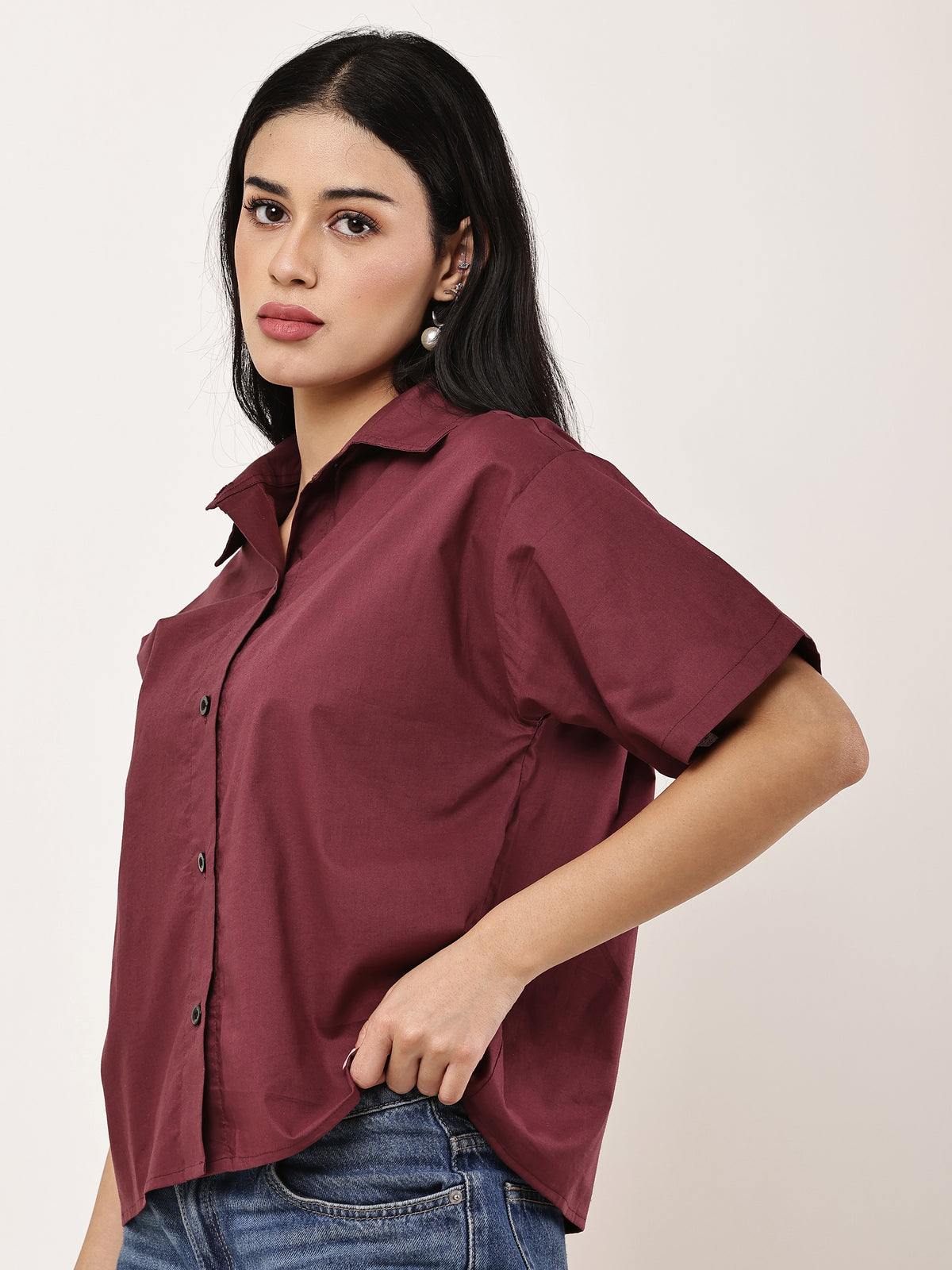 Wine Oversized Crop Shirt - LyraActive