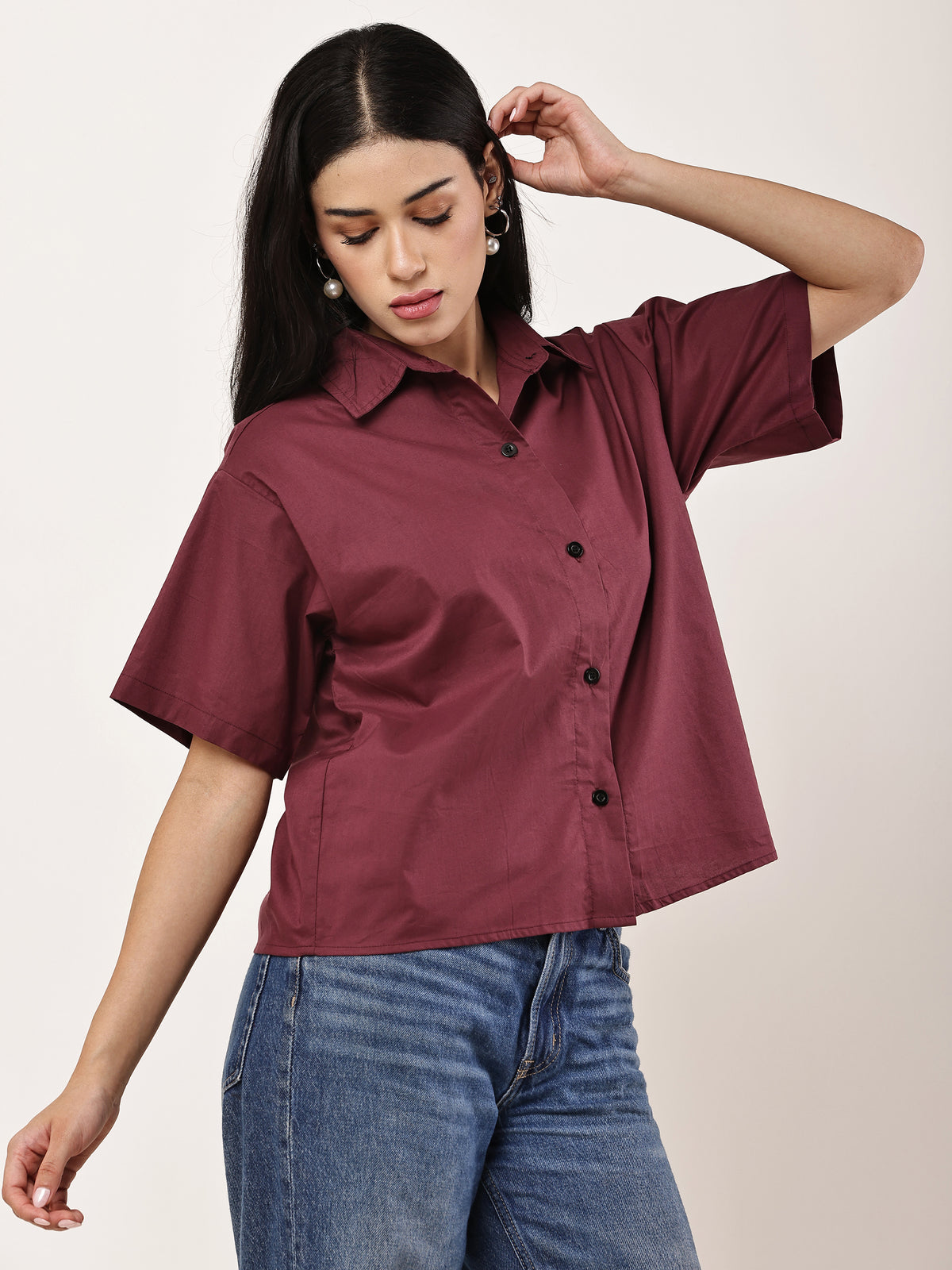 Oversized Crop Shirt — Wine