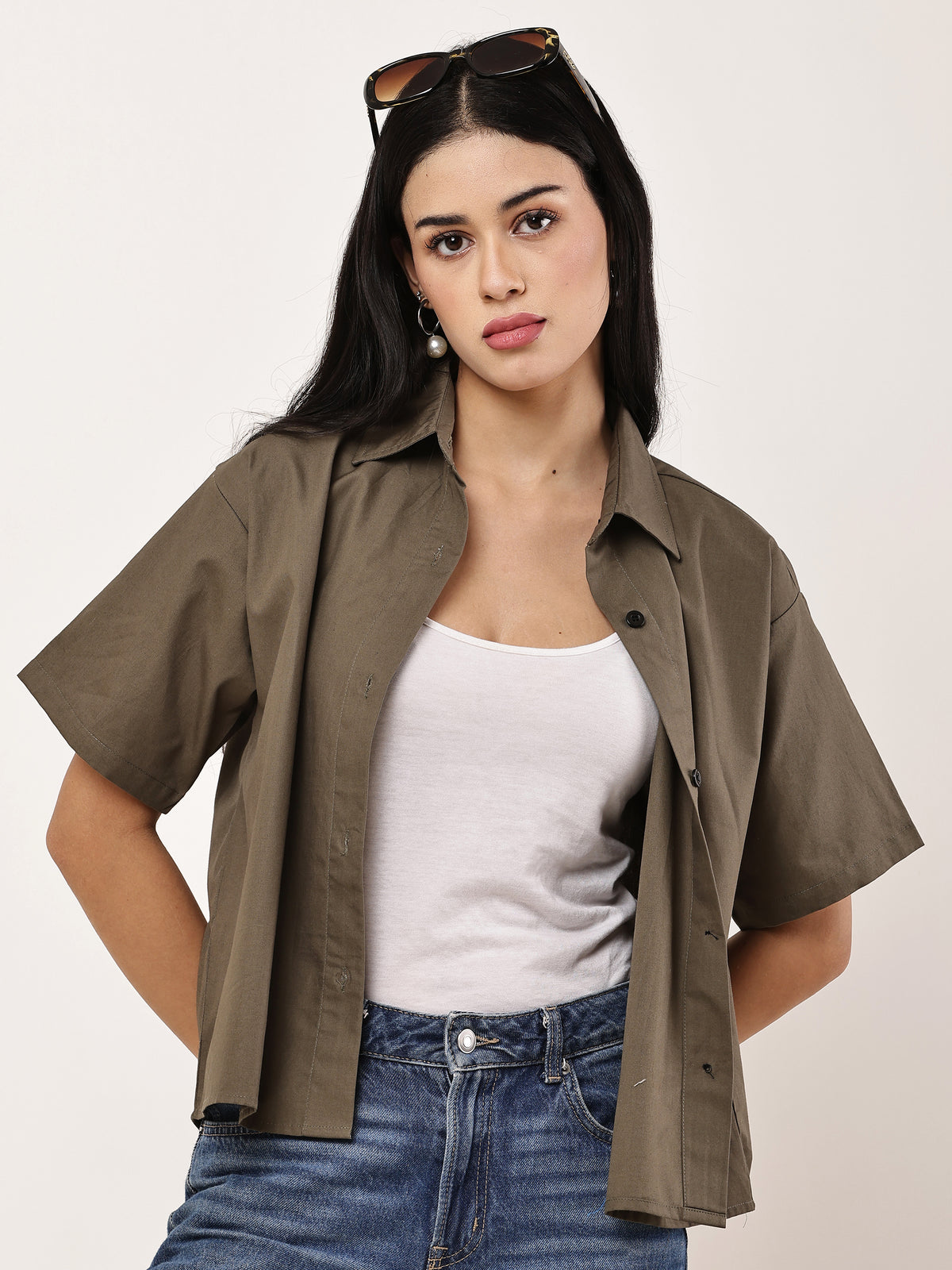 Oversized Crop Shirt — Olive