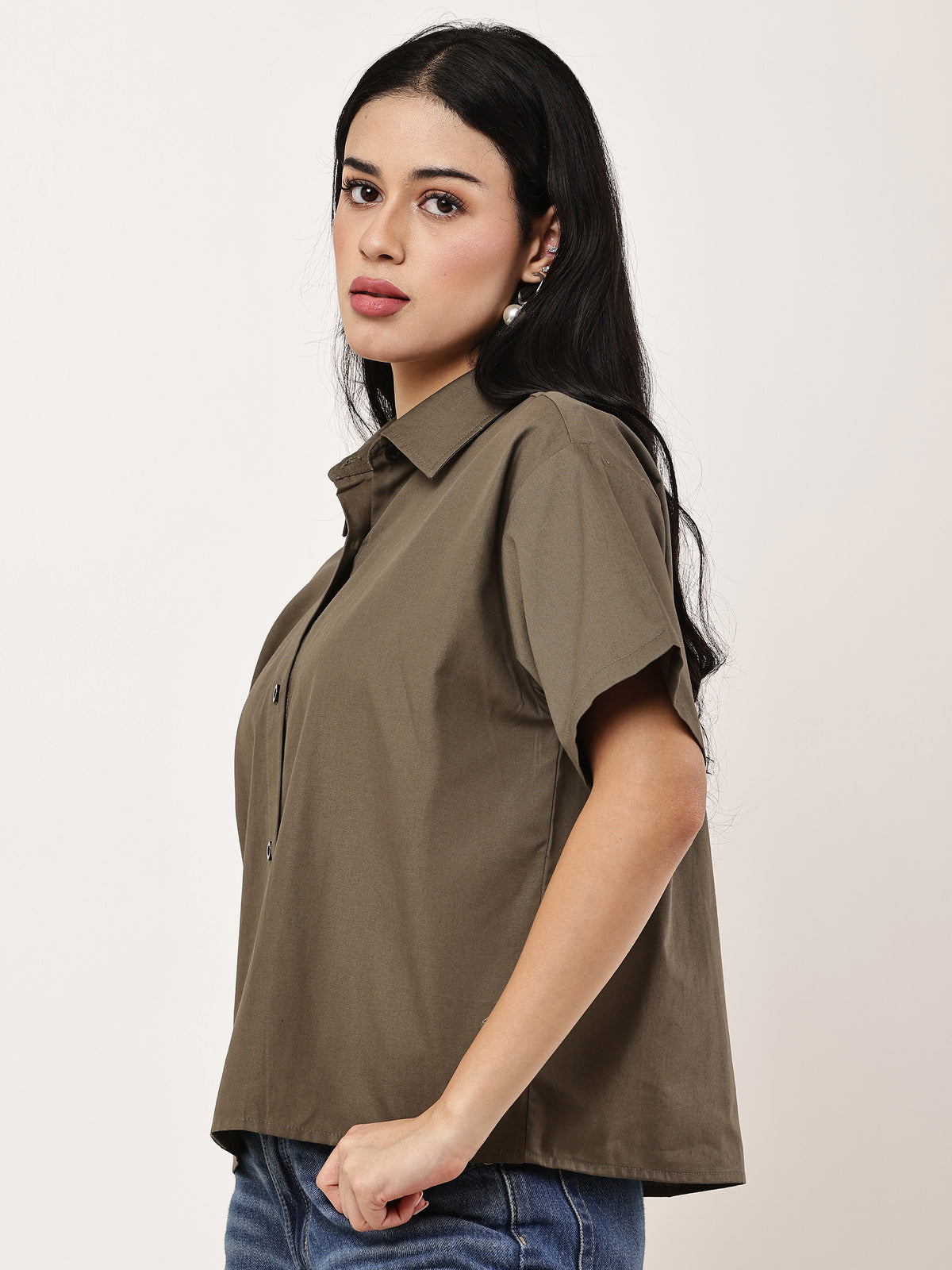 Olive Oversized Crop Shirt - LyraActive