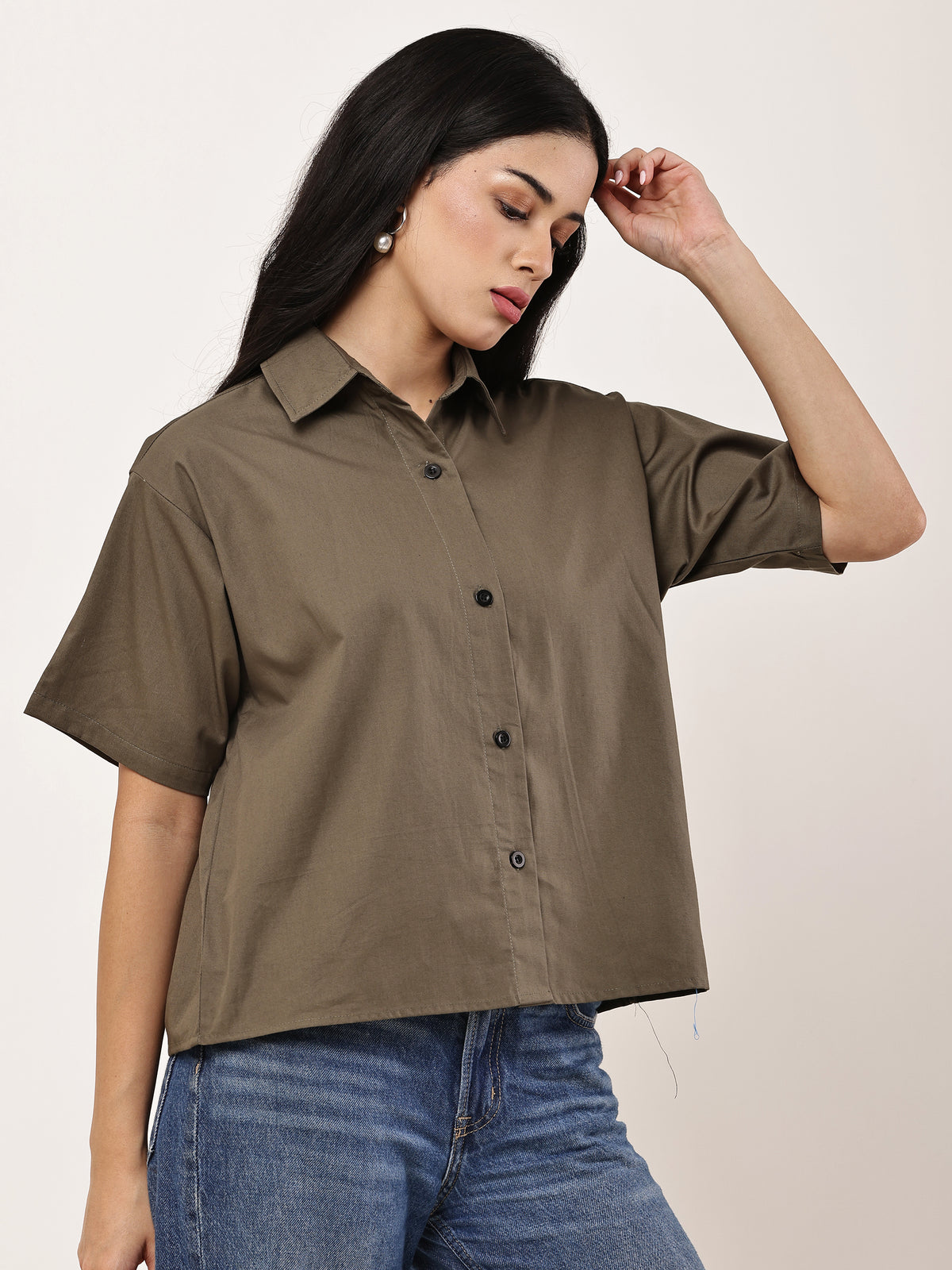 Oversized Crop Shirt — Olive