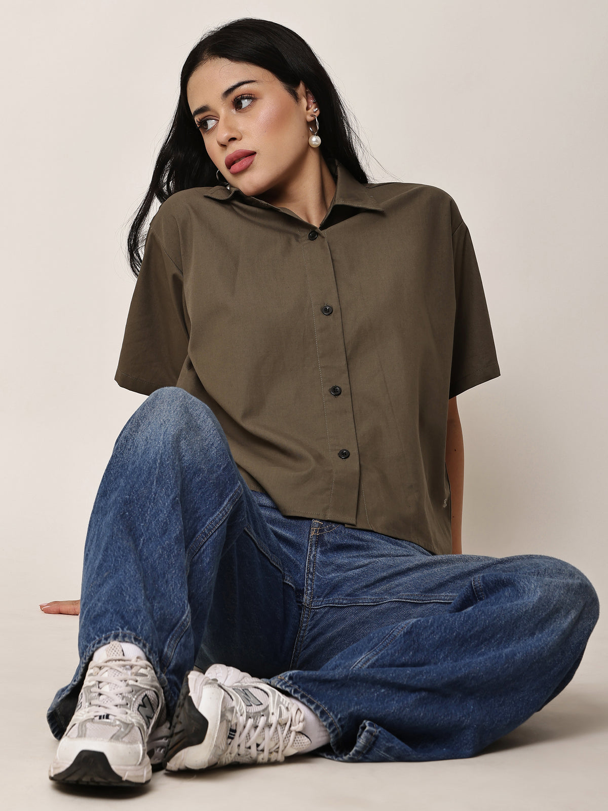 Oversized Crop Shirt — Olive